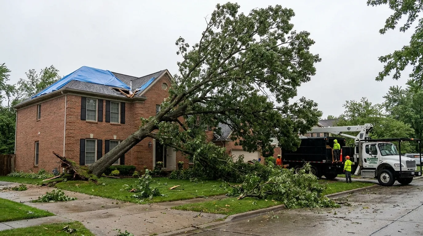Storm-damaged tree leaning on a roof after a Dearborn windstorm