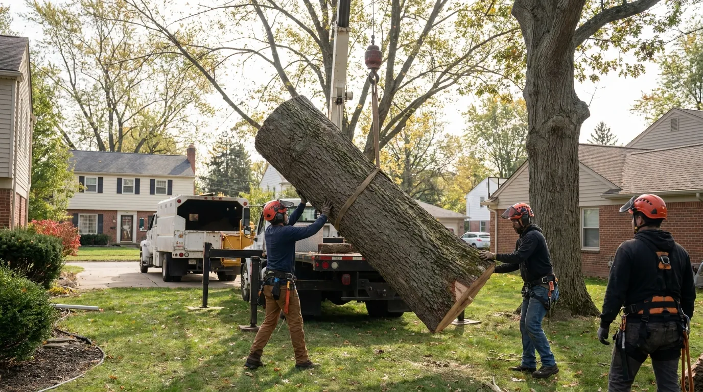 A mature hardwood tree being removed from a Dearborn residential yard