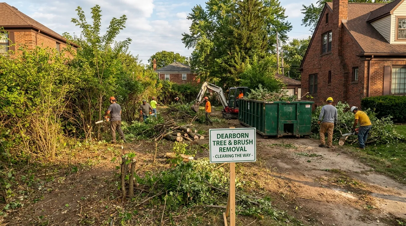 Overgrown lot being cleared of brush and small trees in Dearborn