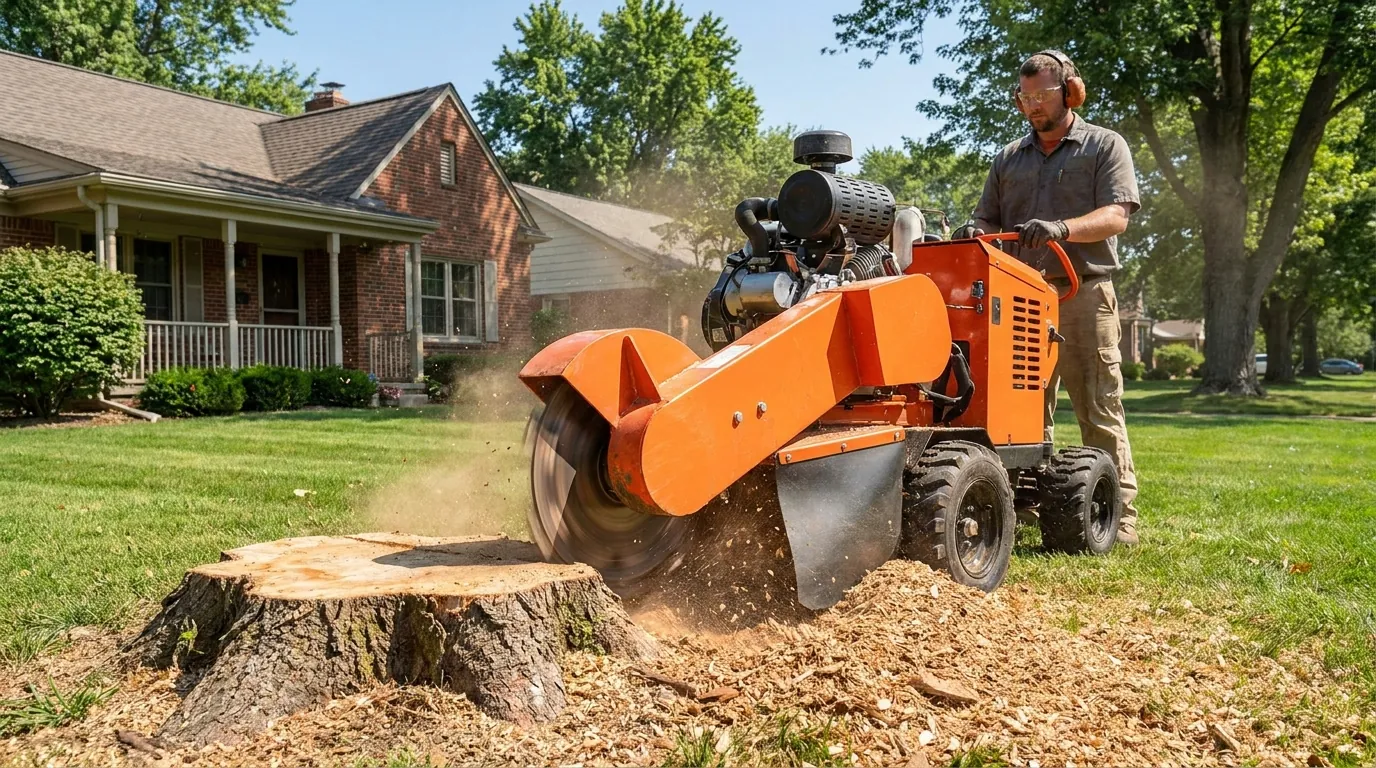 Stump grinder reducing a tree stump to chips in a Dearborn yard