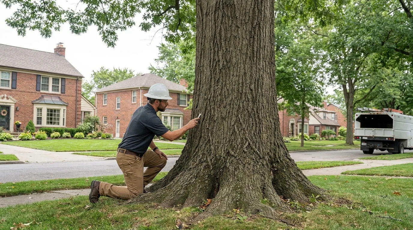 Arborist inspecting the trunk and root flare of a mature tree in Dearborn