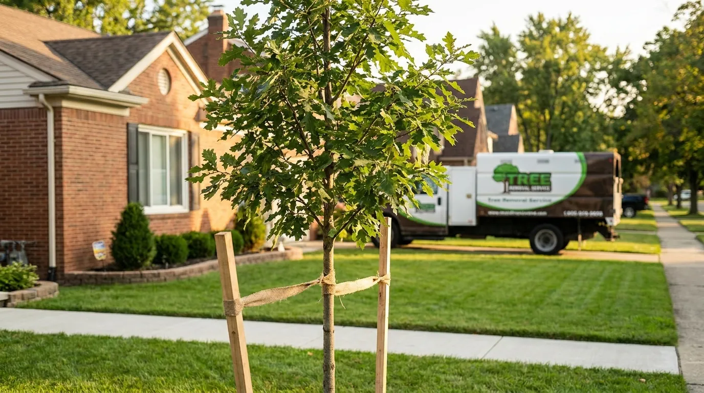 Newly planted young shade tree staked in a Dearborn yard