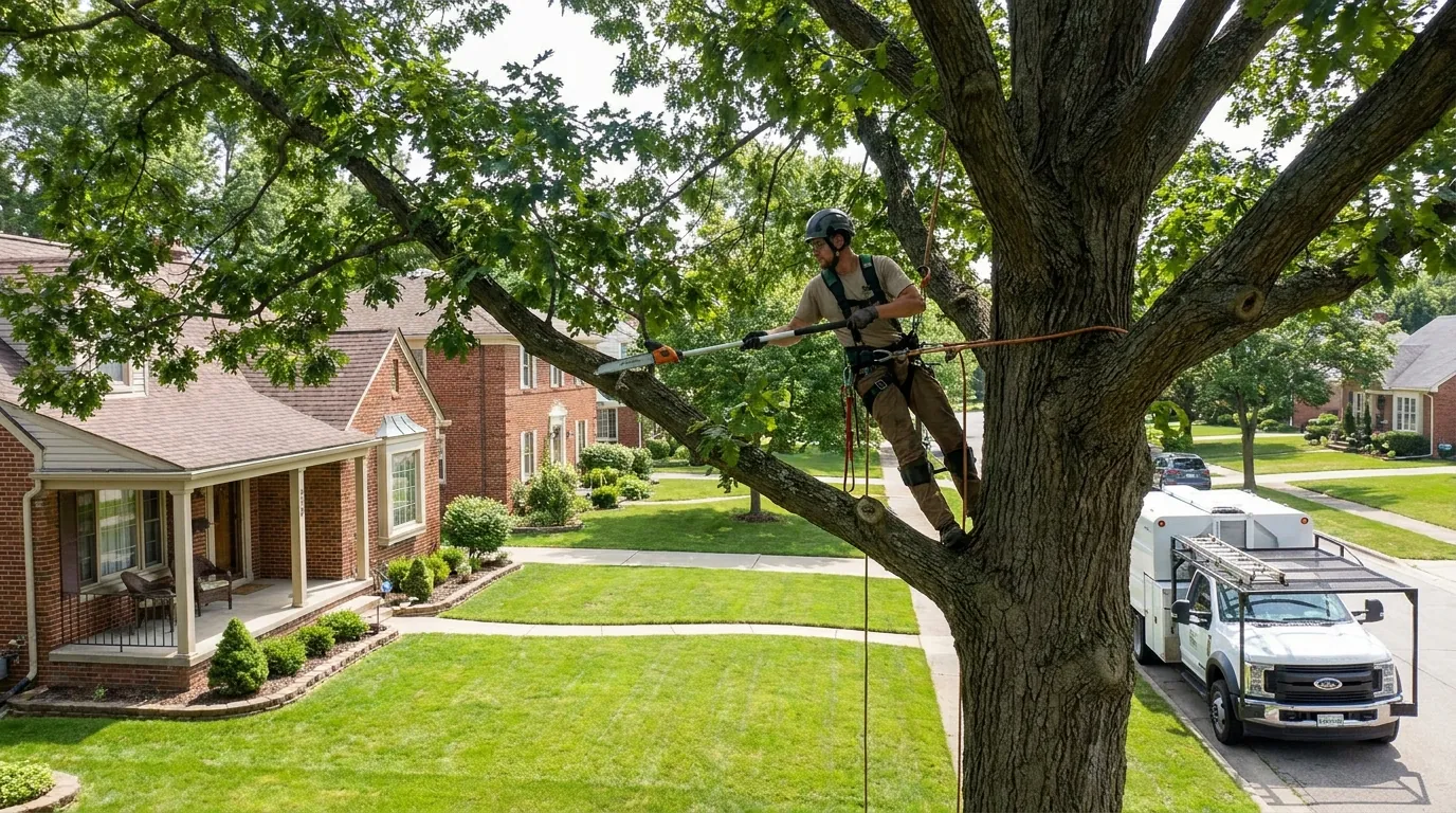Arborist pruning a shade tree over a Dearborn front yard