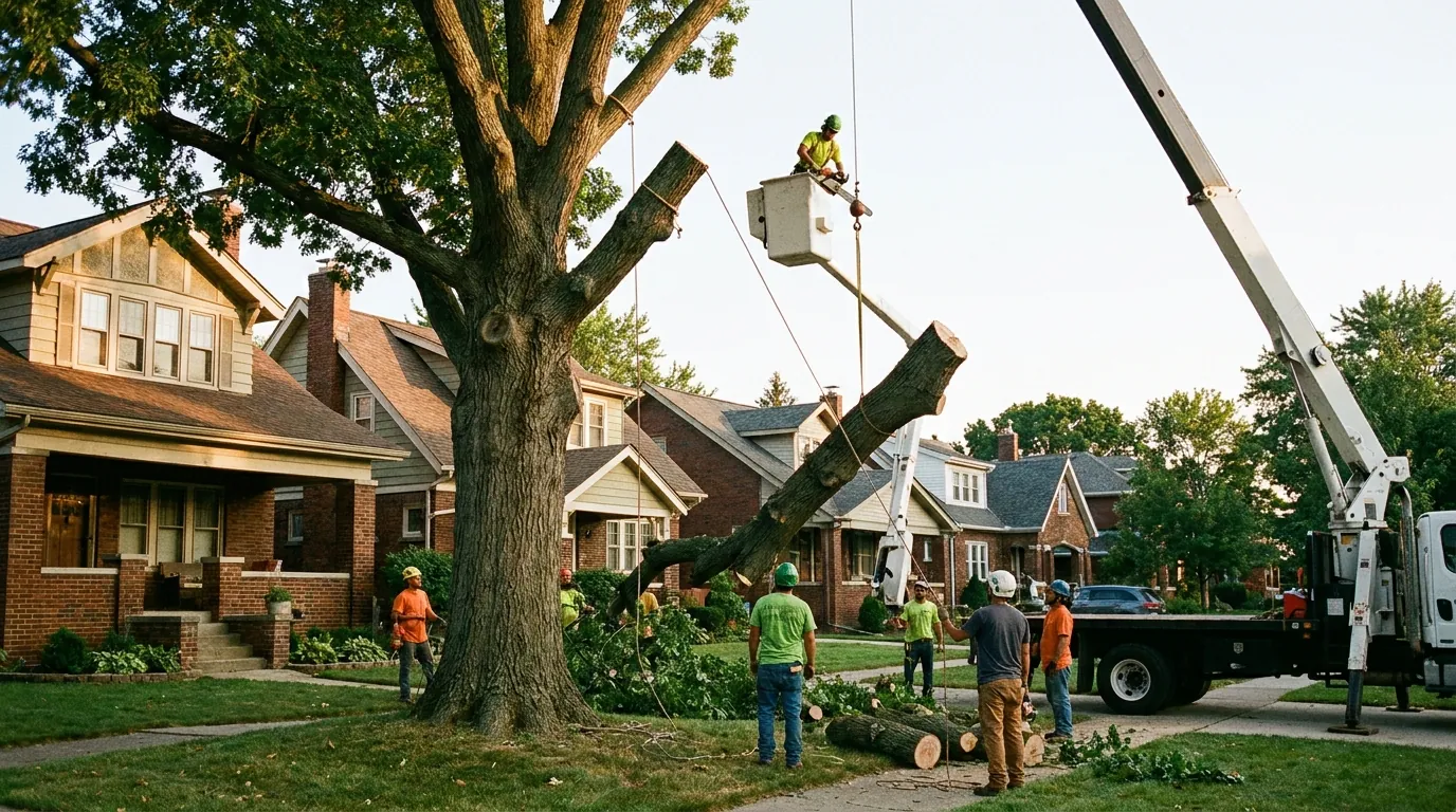 Crew sectioning down a large tree in a Dearborn backyard
