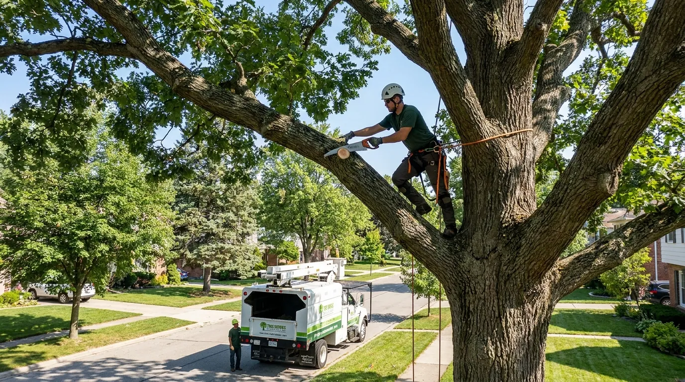 Arborist pruning the canopy of a mature tree in Dearborn